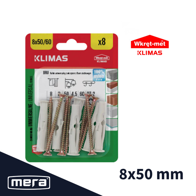 Wkręt-met kołki uniwersalne 8x50 z wkrętem z łbem stożkowym 4,5x60 8 szt.