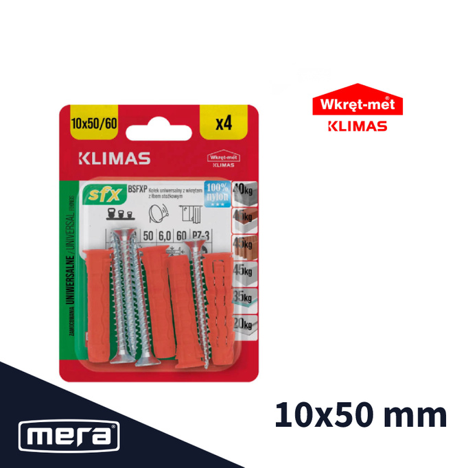 Wkręt-met kołki uniwersalne 10x50 z wkrętem z łbem stożkowym 6x60 4 szt.