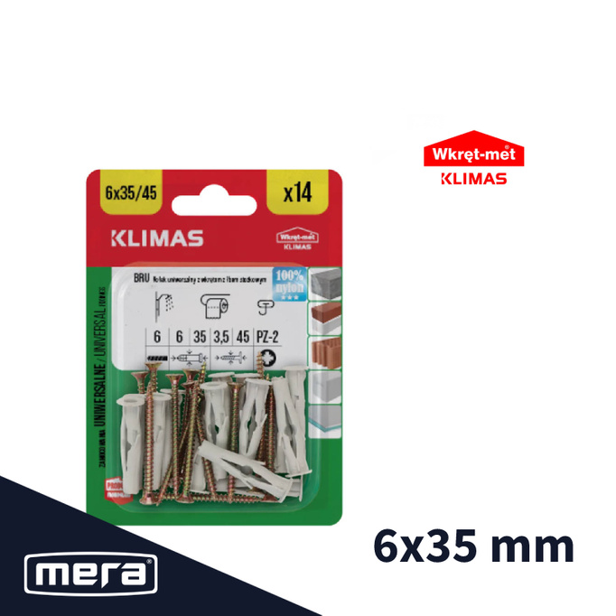 Wkręt-met kołki uniwersalne 6,0x35 z wkrętem z łbem stożkowym 3,5x45 14 szt.