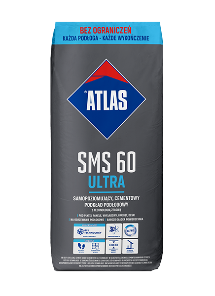 ATLAS SMS 60 ULTRA samopoziomujący cementowy podkład podłogowy z technologią żelową 25kg