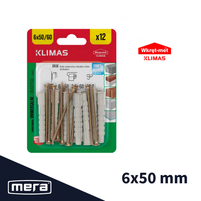 Wkręt-met kołki uniwersalne 6x50 z wkrętem z łbem stożkowym pz 3,5x60 12 szt.