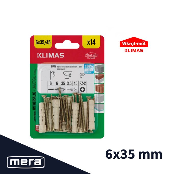 Wkręt-met kołki uniwersalne 6x35 z wkrętem z łbem stożkowym pz 3,5x45  14 szt.
