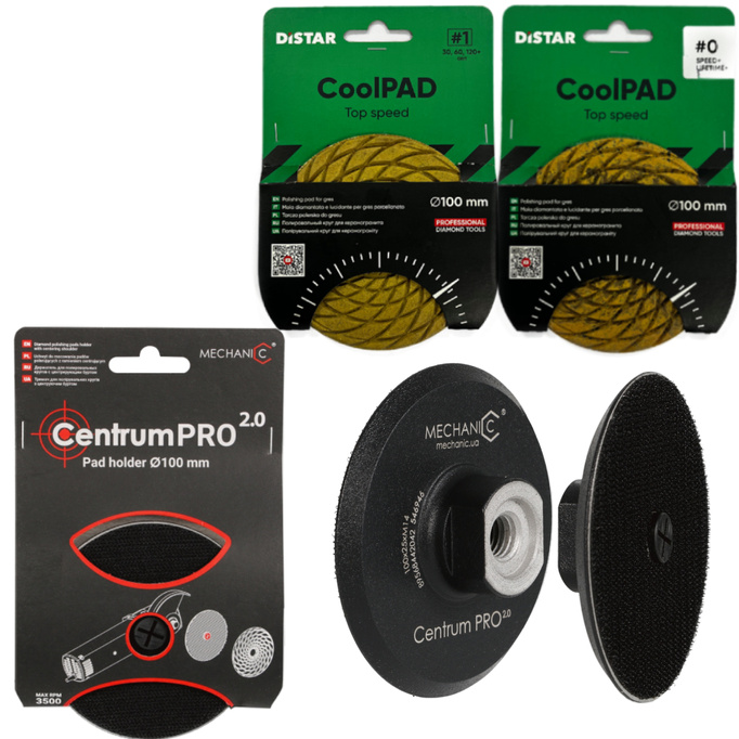 DISTAR Zestaw do szlifowania / polerowania Gresu - ceramiki Pad Centrum PRO 2.0 M14 + ZESTAW PADÓW # 0 / 1  - 100mm