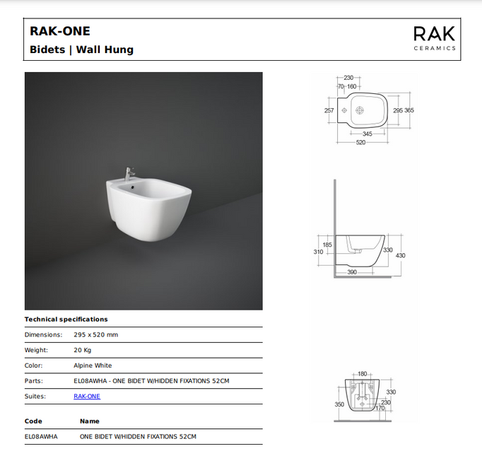 RAK One bidet wiszący ukryte mocowania biały połysk EL08AWHA / ONBI00005.