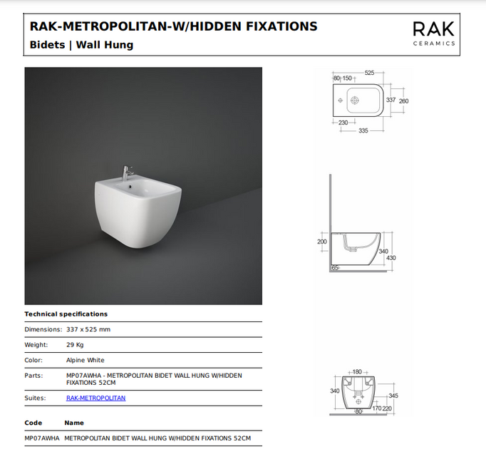 RAK Metropolitan bidet wiszący ukryte mocowania MP07AWHA MEBI00006.