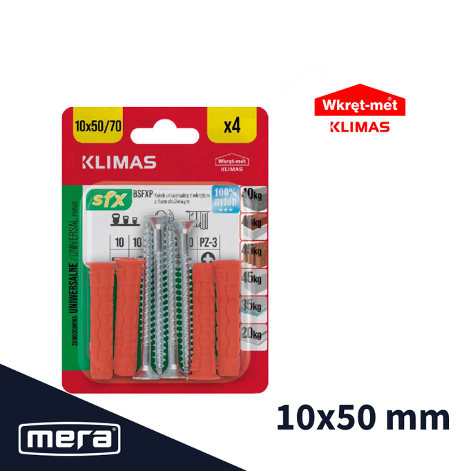 Wkręt-met kołki uniwersalne 10x50 z wkrętem z łbem stożkowym 6x70 4 szt.