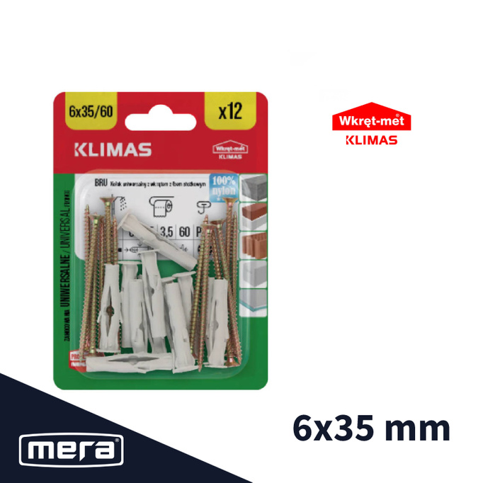 Wkręt-met kołki uniwersalne 6x35 z wkrętem z łbem stożkowym 3,5x60 12szt.