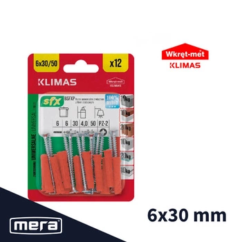 Wkręt-met kołki uniwersalne 6x30 z wkrętem z łbem stożkowym 4x50 12 szt.