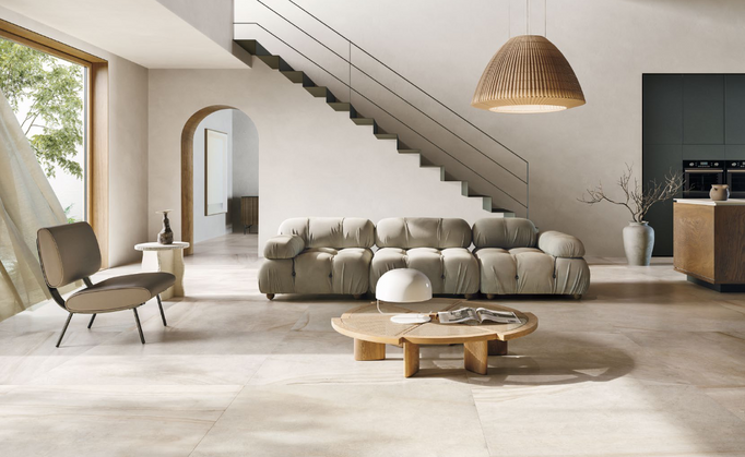 Obkladová a podlahová dlažba 120 × 120, imitace kamene, struktura, světle béžová